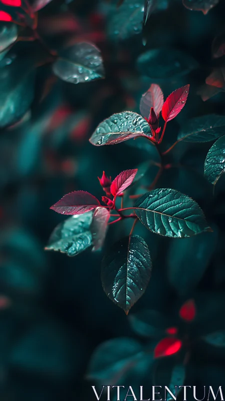Luminous teal leaves cradling shy crimson new growth.