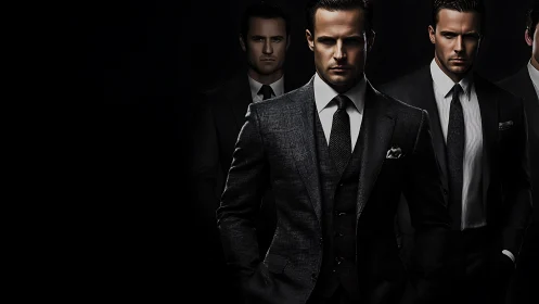 Sharp-suited businessmen stand in dramatic low-key lighting.