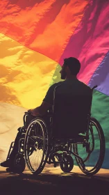 Warm pride flag backdrop embraces man in wheelchair.