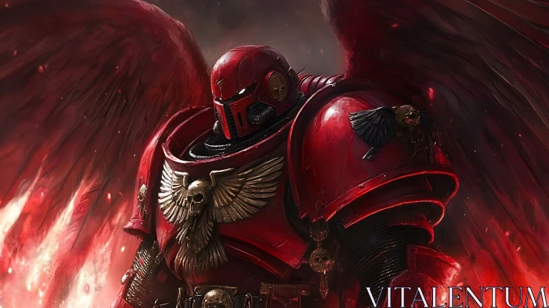 Armored crimson angelic warrior rendered in dramatic digital chiaroscuro