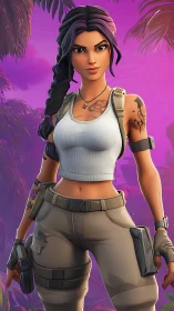 Tattooed jungle raider studies the neon horizon calmly