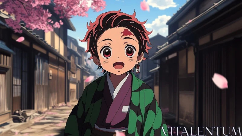Anime boy in kimono under sakura petals in shallow depth of field