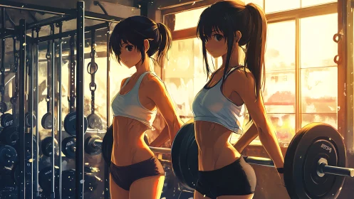 Sunlit anime gym scene with two focused friends lifting.