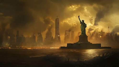 Apocalyptic New York skyline with Liberty monument silhouette.