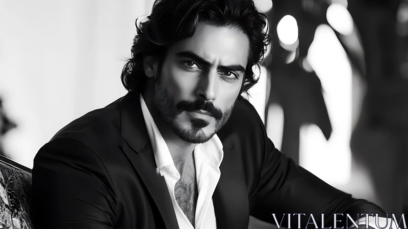 Intense black and white portrait of a confident suited man