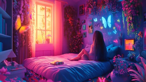 Dreamy neon bedroom glows with butterflies at twilight