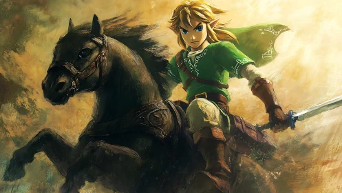 Elf warrior charging astride storm-dark horse in gold haze.