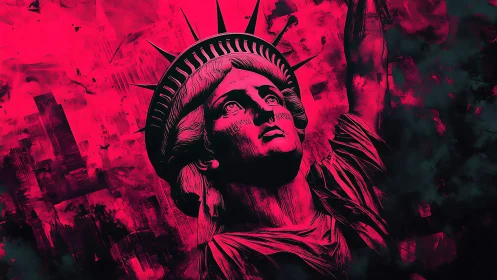 Neon magenta Statue of Liberty portrait with dystopian skyline