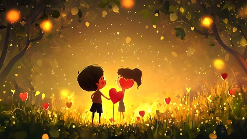 Two Children Share Hearts Under Golden Lights.