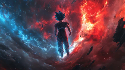 Silhouetted warrior within red and blue cosmic vortex field.