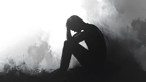 Silhouetted figure curls inward amid stark grayscale void.