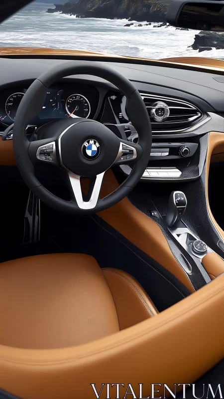 BMW interior shows coastal drive with tan leather cockpit
