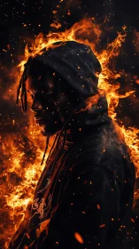 Hooded man in side profile surrounded by intense flames.