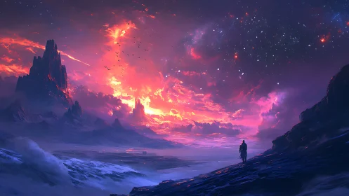 Stellar sky illuminates glacial alien coast with solitary figure