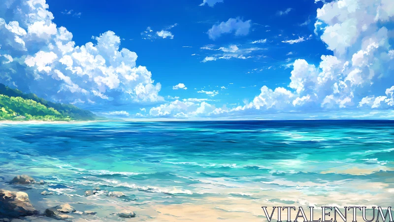 Sunlit shoreline under storybook clouds and turquoise sea.