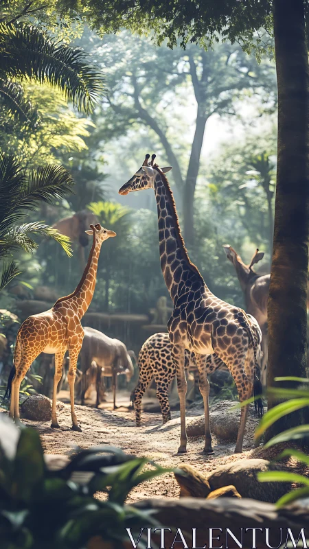 Sunlit giraffe family enjoys a peaceful forest clearing