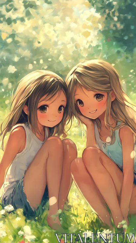 Sunlit summer friendship shared in a meadow of wildflowers.