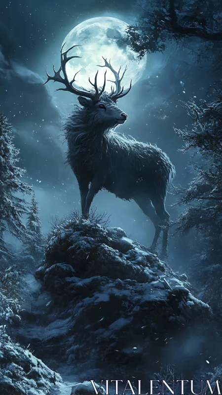 Lunar-lit stag on winter crag in dramatic vertical composition.