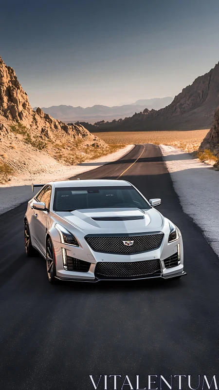 White sports sedan charging through sunlit desert highway.