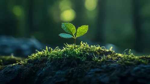 Young Seedling on Moss: Macro Botanical Study with Shallow Depth.