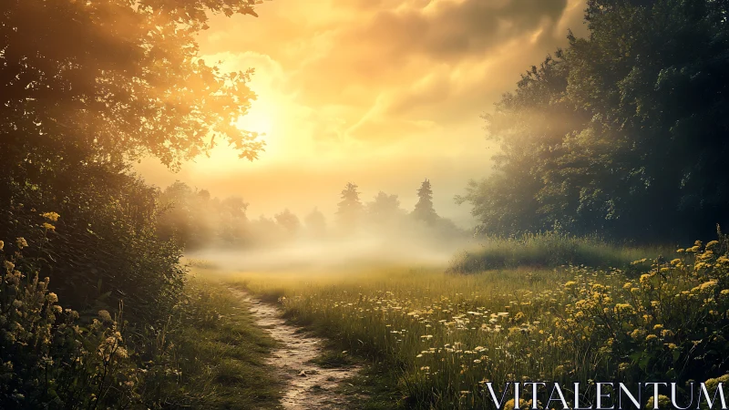 Sunlit rural path extends through misty meadow toward trees