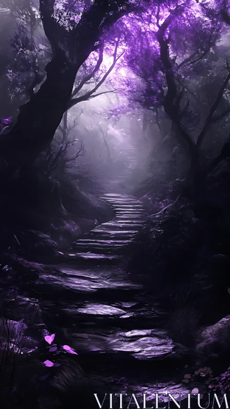 Moonlit path winding through a softly glowing purple forest.