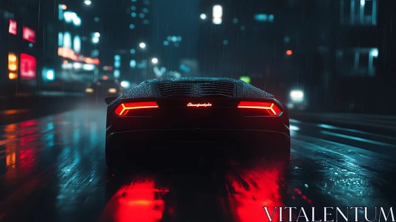 Rear hypercar glow in neon soaked midnight rainstorm.