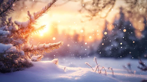 Soft winter sunrise glows gently through snowy pine branches