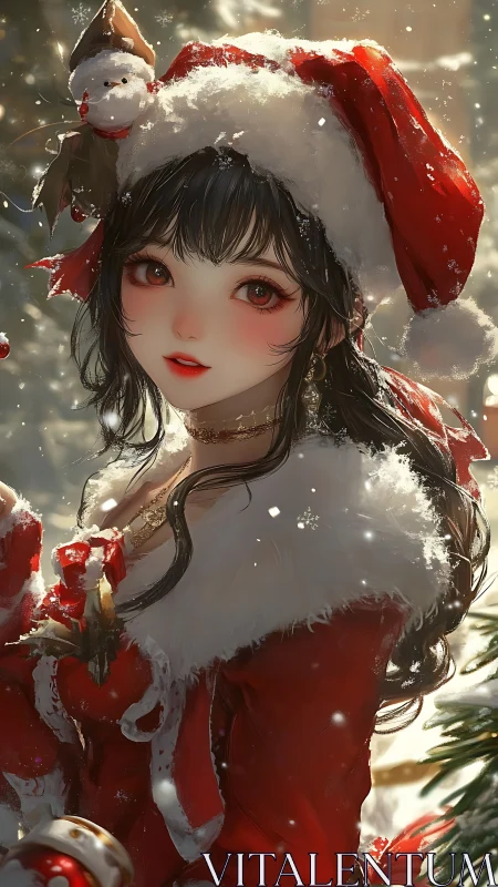 Snowlit anime girl in red Santa costume, sparkling softly.