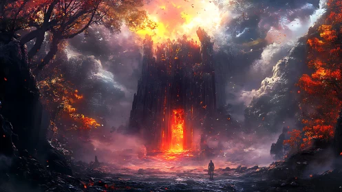 Gothic Cathedral Portal with Incandescent Lava Flow Convergence