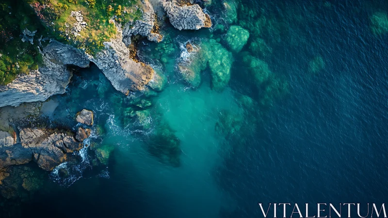 Aerial coastal escarpment with turquoise littoral waterscape.