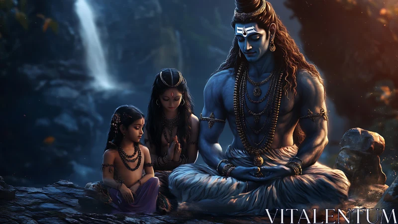 Divine family in twilight meditation by mountain waterfall.