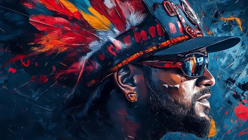 Profile portrait with feathered headgear and dark glasses.