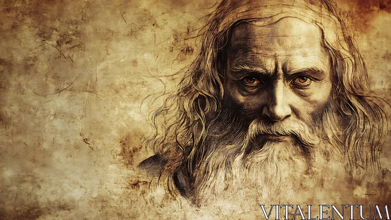 Elderly bearded sage in sepia-toned textured portrait.