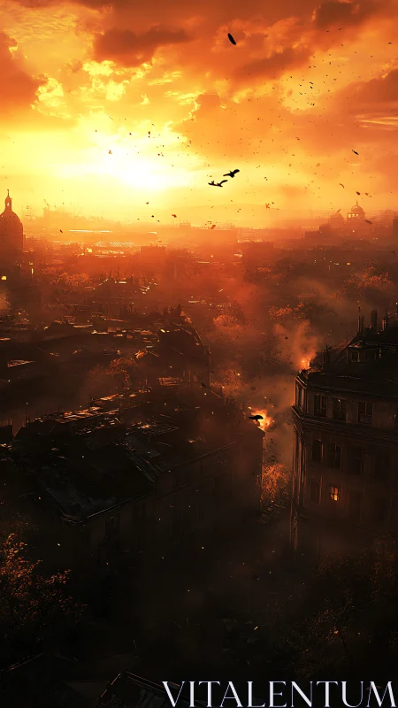 Burning city skyline glows under intense apocalyptic sunset