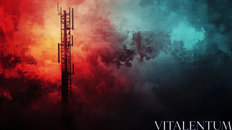 Cellular transmission tower against divided color field.