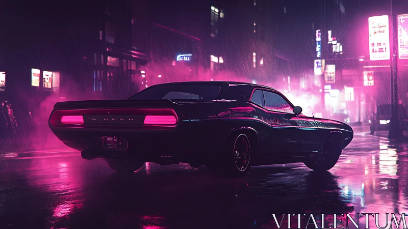 Neon rain muscle car idling in electric midnight streets.