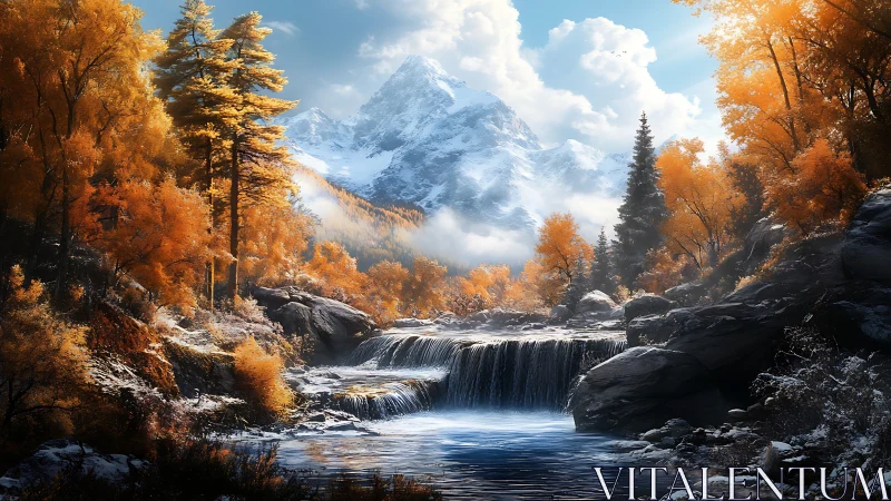 Autumn cascade beneath a storybook crown of icy mountains.