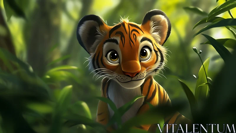 Curious tiger cub in lush jungle with soft volumetric light.