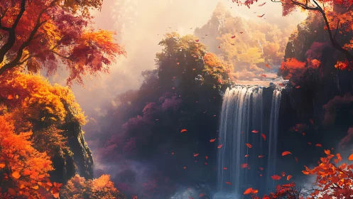 Autumn canyon waterfall in glowing cinematic mistscape.