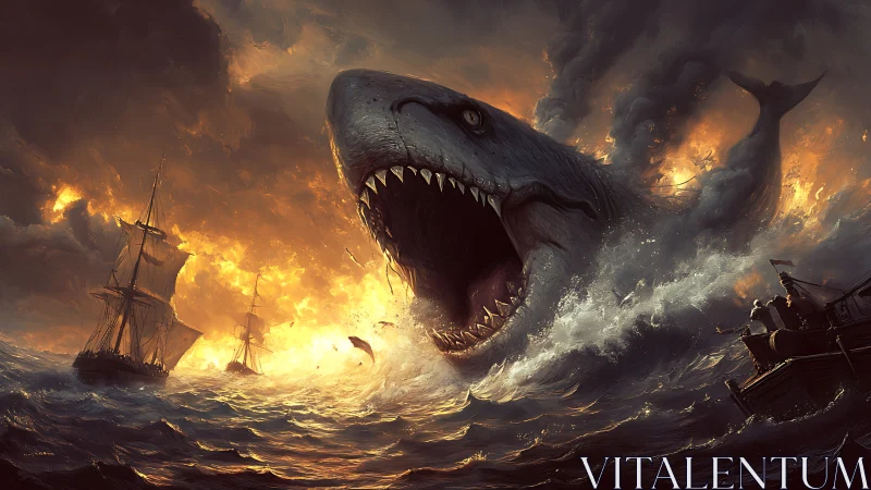 Stormlit leviathan erupts among burning galleons at dusk.