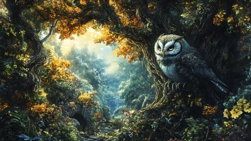 Nocturnal owl observes luminous forest corridor in high detail