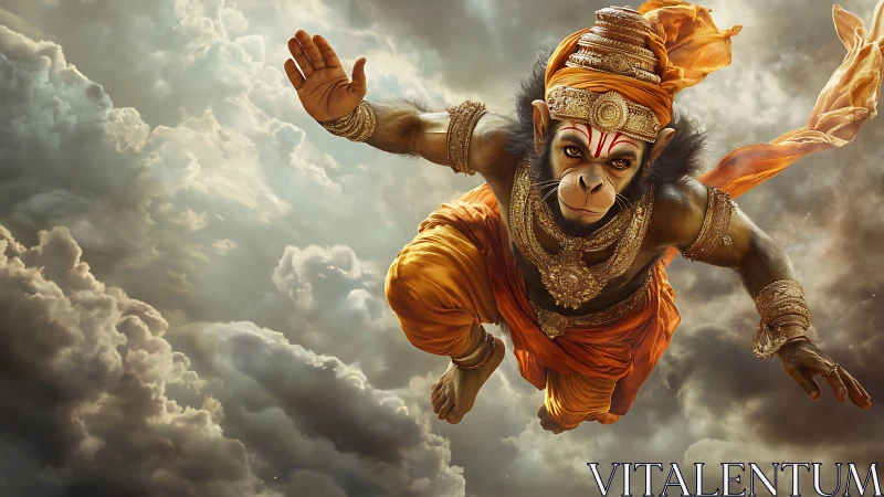 Soaring monkey hero in glowing orange robes above clouds.