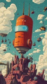 Tall red capsule spaceship over rocky alien outpost.