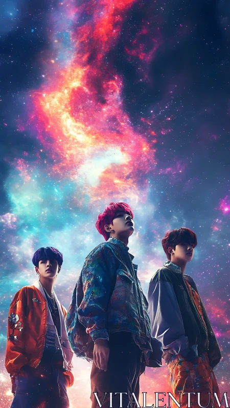 Neon-haired trio gaze upward beneath blazing cosmic nebula.