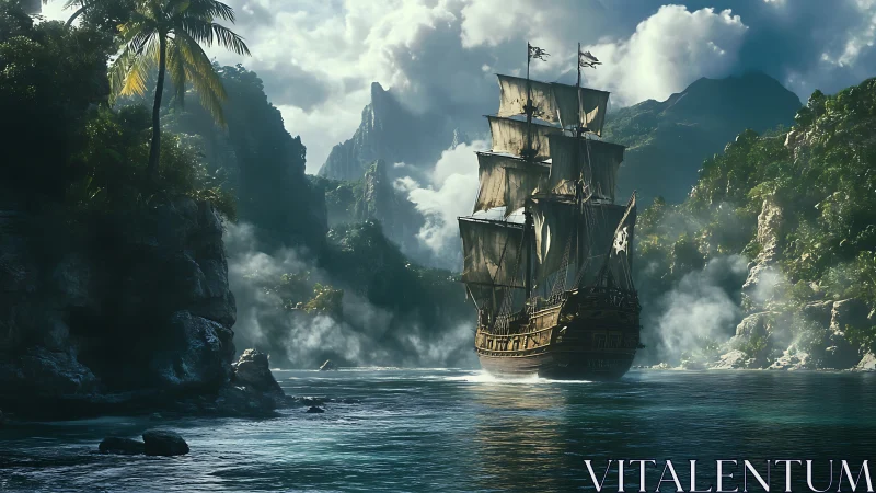 Majestic tall ship glides through misty tropical cove