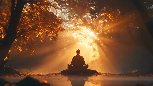 Silhouette of meditating figure centered in backlit forest scene