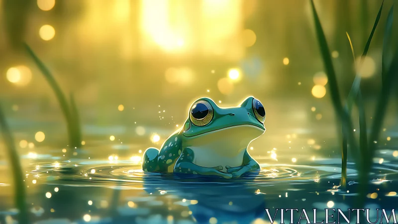 Bioluminescent tree frog in shallow pond with golden bokeh glow.