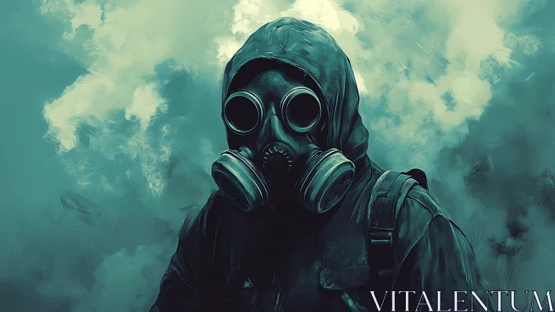 Hooded survivor in gas mask amid teal toxic haze.
