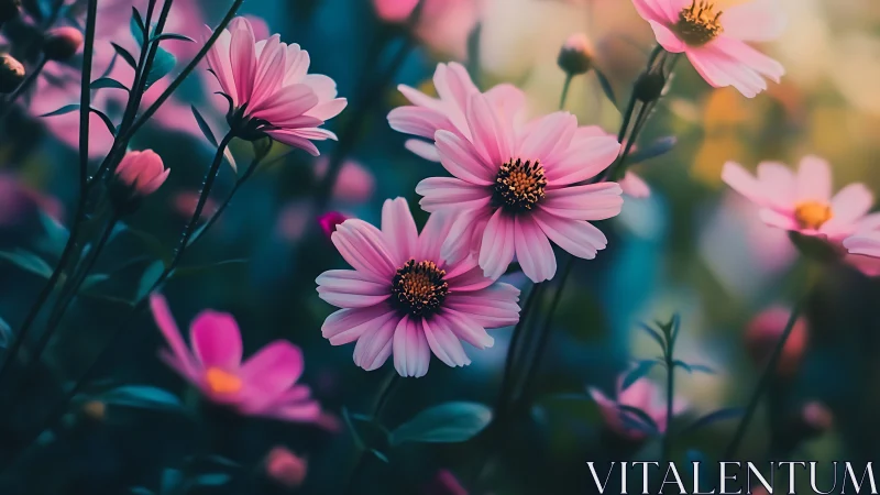 Pink daisy-type flowers with dark stems and teal-green bokeh background